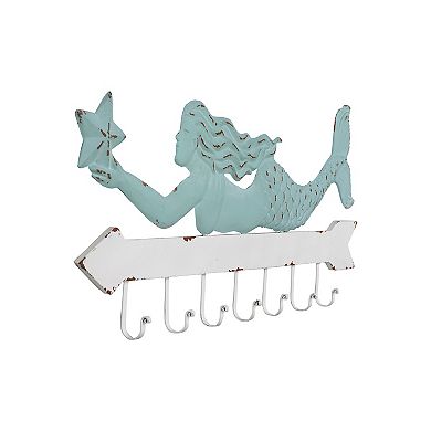 Storied Home Aqua & White Metal Mermaid Wall Decor with 7 Hooks
