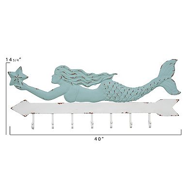 Storied Home Aqua & White Metal Mermaid Wall Decor with 7 Hooks