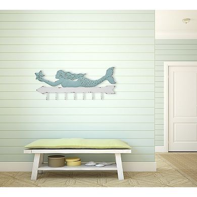Storied Home Aqua & White Metal Mermaid Wall Decor with 7 Hooks