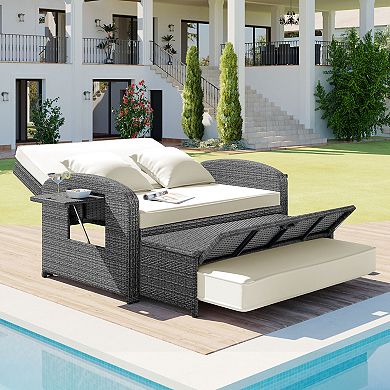 Merax Pe Wicker Rattan Double Chaise Lounge, 2-person Reclining Daybed