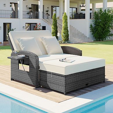 Merax Pe Wicker Rattan Double Chaise Lounge, 2-person Reclining Daybed