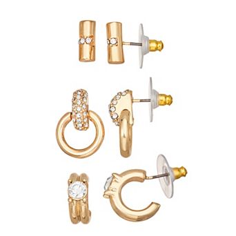 Nine West 3-Pair Gold Tone Pave Earring Set