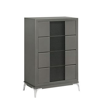 Rya 48 Inch Tall Dresser Chest, 4 Drawers, Gray Wood, Angled Chrome Legs