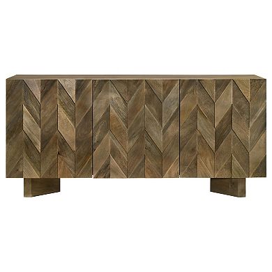 64 Inch Dining Sideboard Server, 2 Cabinets, Chevron Pattern, Mango Brown