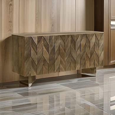 64 Inch Dining Sideboard Server, 2 Cabinets, Chevron Pattern, Mango Brown