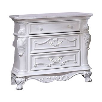 Venta Nightstand with 3 Drawers, 34 Inch, Carved Details, White Solid Wood