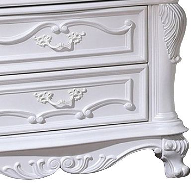 Venta Nightstand with 3 Drawers, 34 Inch, Carved Details, White Solid Wood