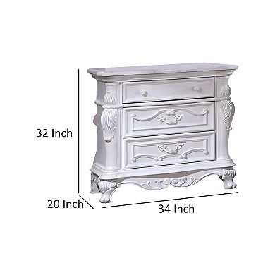 Venta Nightstand with 3 Drawers, 34 Inch, Carved Details, White Solid Wood
