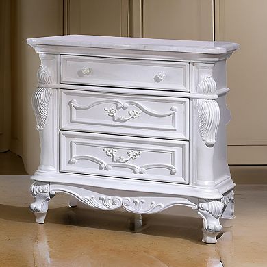Venta Nightstand with 3 Drawers, 34 Inch, Carved Details, White Solid Wood