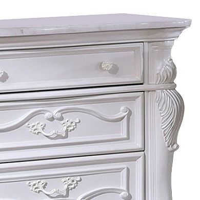 Venta Nightstand with 3 Drawers, 34 Inch, Carved Details, White Solid Wood