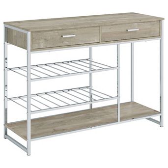 Mel 48 Inch Wine Rack Bar Sideboard, 2 Drawers, Shelves, Gray, Chrome Metal
