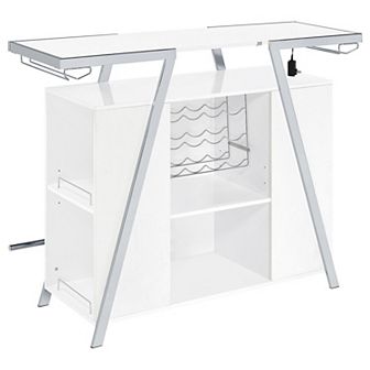 Leo 52 Inch Wine Bar Cabinet with Storage, Shelves, White, Chrome Steel