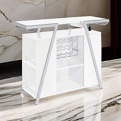 Leo 52 Inch Wine Bar Cabinet with Storage, Shelves, White, Chrome Steel