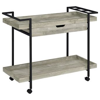 Tra 40 Inch Rolling Bar Cart, 2 tier with Drawer, Gray Wood, Black Metal