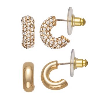 Nine West Gold Tone Pave C Hoop Duo Post Earrings