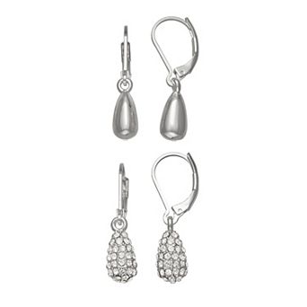 Nine West Silver Tone Teardrop Leverback Duo Earrings