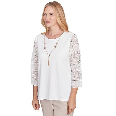 Petite Alfred Dunner Solid Lace Sleeve Knit Top with Necklace