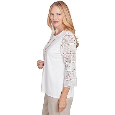Petite Alfred Dunner Solid Lace Sleeve Knit Top with Necklace