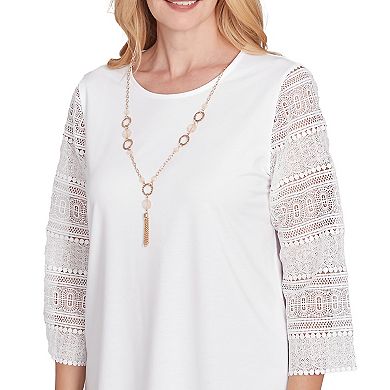 Petite Alfred Dunner Solid Lace Sleeve Knit Top with Necklace