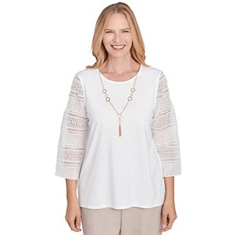 Petite Alfred Dunner Solid Lace Sleeve Knit Top with Necklace