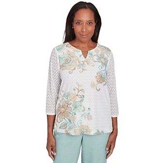 Petite Alfred Dunner Textured Knit Scroll Split Neck Top