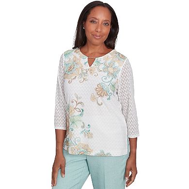 Petite Alfred Dunner Textured Knit Scroll Split Neck Top