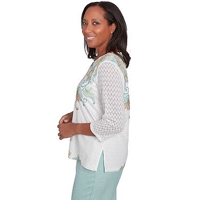 Petite Alfred Dunner Textured Knit Scroll Split Neck Top