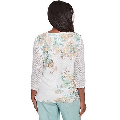 Petite Alfred Dunner Textured Knit Scroll Split Neck Top