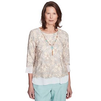 Petite Alfred Dunner Floral Lace Woven Trim Top with Necklace