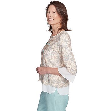 Petite Alfred Dunner Floral Lace Woven Trim Top with Necklace