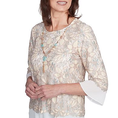 Petite Alfred Dunner Floral Lace Woven Trim Top with Necklace