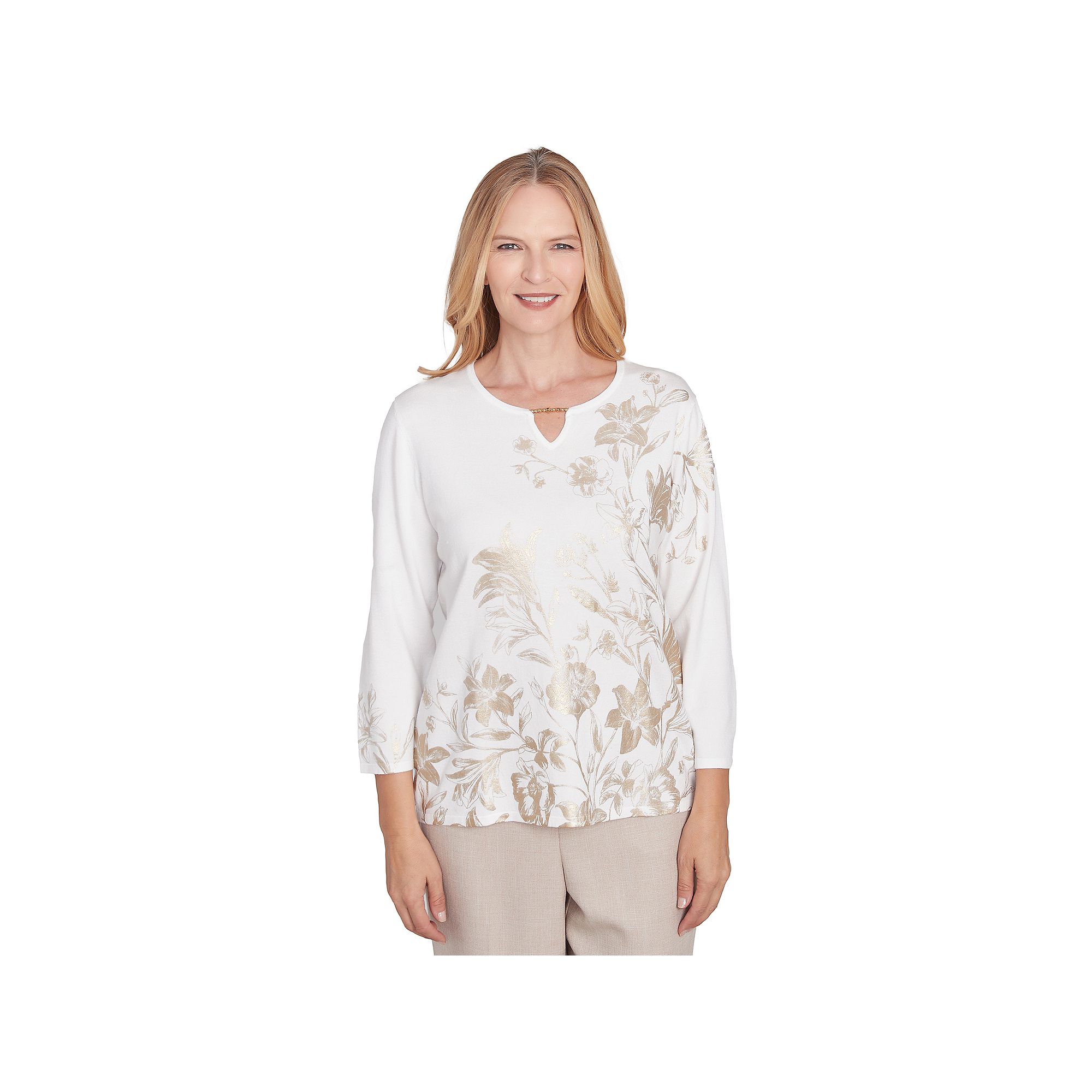 Petite Alfred Dunner Split Neck Botanical Gold Foil Print Sweater, Womens,