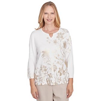 Petite Alfred Dunner Split Neck Botanical Gold Foil Print Sweater