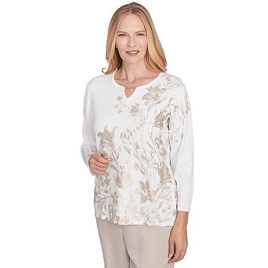Petite Alfred Dunner Split Neck Botanical Gold Foil Print Sweater