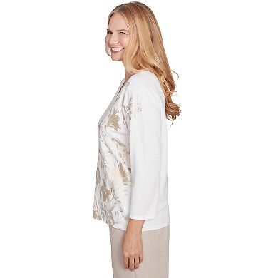 Petite Alfred Dunner Split Neck Botanical Gold Foil Print Sweater