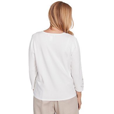 Petite Alfred Dunner Split Neck Botanical Gold Foil Print Sweater