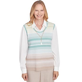 Petite Alfred Dunner Striped Vest Collared Two in One Sweater with Necklace