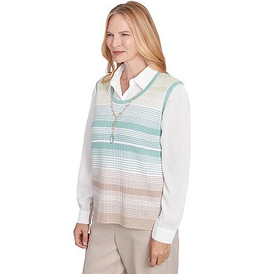 Petite Alfred Dunner Striped Vest Collared Two in One Sweater with Necklace