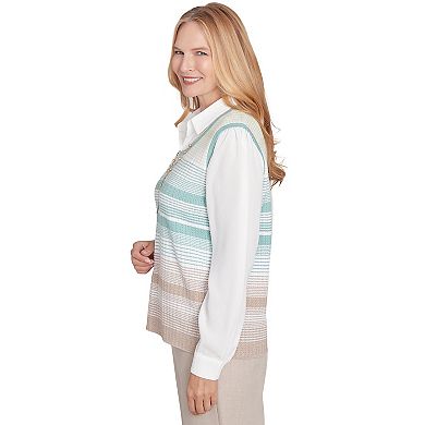 Petite Alfred Dunner Striped Vest Collared Two in One Sweater with Necklace