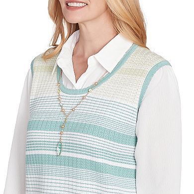 Petite Alfred Dunner Striped Vest Collared Two in One Sweater with Necklace