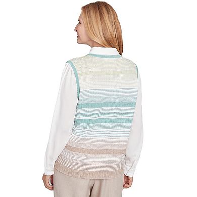 Petite Alfred Dunner Striped Vest Collared Two in One Sweater with Necklace