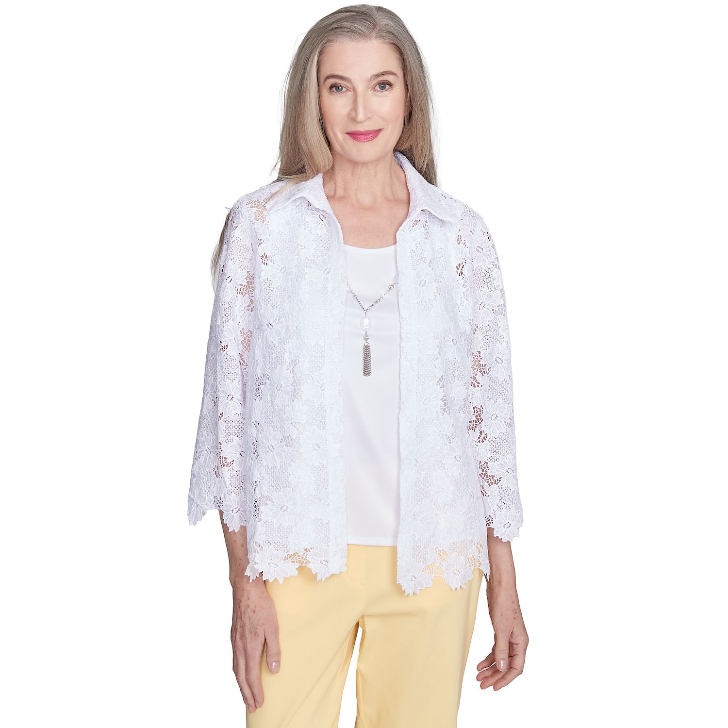 Alfred Dunner Women’s Basic Diamond Lace Short Sleeve Top – Lightweight, Notch Neck, Straight Hem