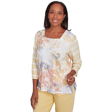 Petite Alfred Dunner Square Neck Paisley Geometric Top