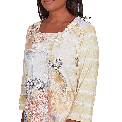 Petite Alfred Dunner Square Neck Paisley Geometric Top