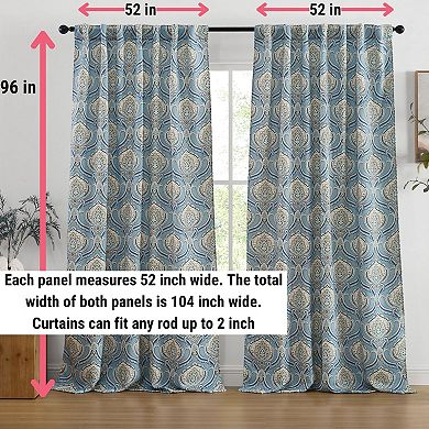 HLC.ME Messina Paisley Back Tab Rod Pocket Curtains - Light Filtering Darkening Window Panels, Pair