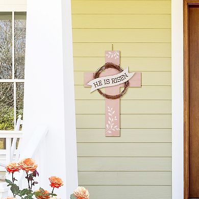 Glitzhome 32"H Easter Wooden/Metal Cross Yard Stake or Wall Decor