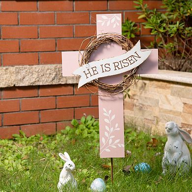 Glitzhome 32"H Easter Wooden/Metal Cross Yard Stake or Wall Decor