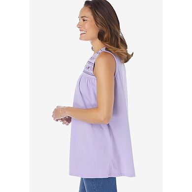 Woman Within Plus Size Embroidered Crewneck Tank