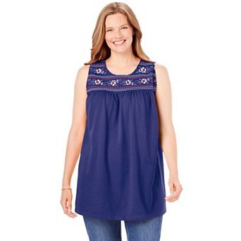 Woman Within Plus Size Embroidered Crewneck Tank