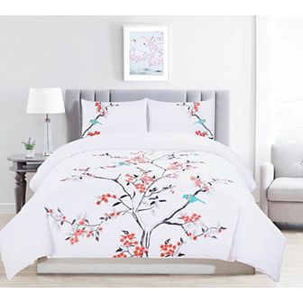 SUPERIOR 3 pc Cotton Embroidered Cherry Duvet Cover Set